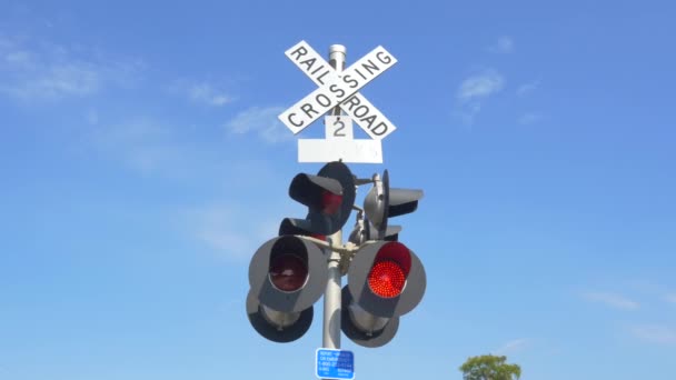 Close-up: Railroad kruising met actieve bewakers en lichten knipperen — Stockvideo