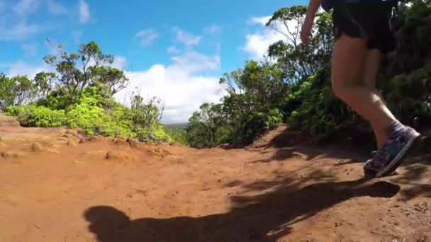低角度ビュー:緑豊かなジャングルの森を通って泥道をハイキング若い女性 — ストック動画