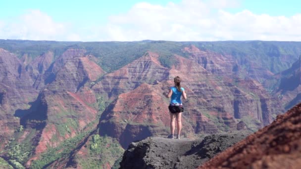 Lassú mozgás: Nő canyon szélén álló, győzedelmesen kezekkel emel — Stock videók