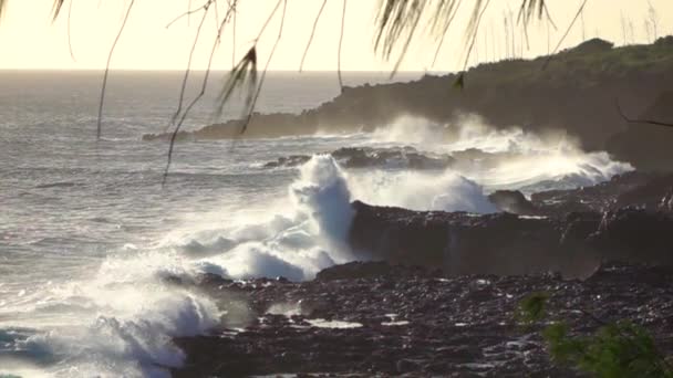 SLOW MOTION: Big powerful wave hitting and splashing heavily into volcanic rock — Stock Video