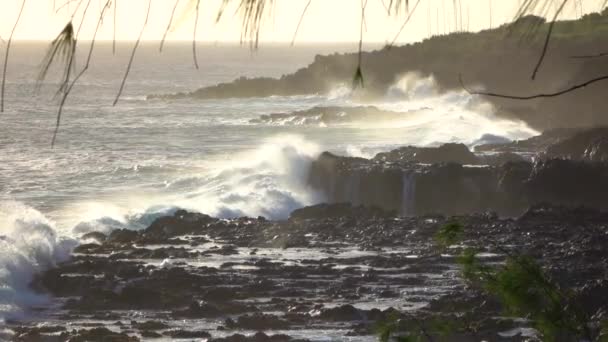 MOTION LENT : Grosse vague forte écrasant et pulvérisant massivement dans le rivage rugueux — Video