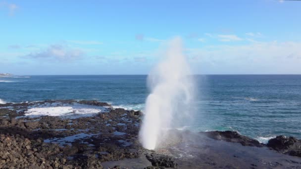 スローモーション:岩の海岸でブローホールを通って飛び散る強力な海の波 — ストック動画