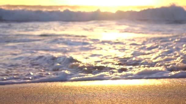 SLOW MOTION MACRO: Abbastanza scintillante oceano ondeggiante e lavaggio spiaggia di sabbia dorata — Video Stock