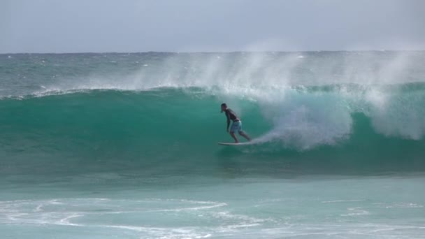 Redaktionella slow motion: Young Pro Surfer surfing stora röret Barrel Wave — Stockvideo