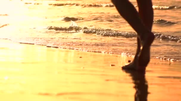 Slow Motion z bliska: Ludzi, spacery wzdłuż plaży w niesamowite Złotego słońca — Wideo stockowe