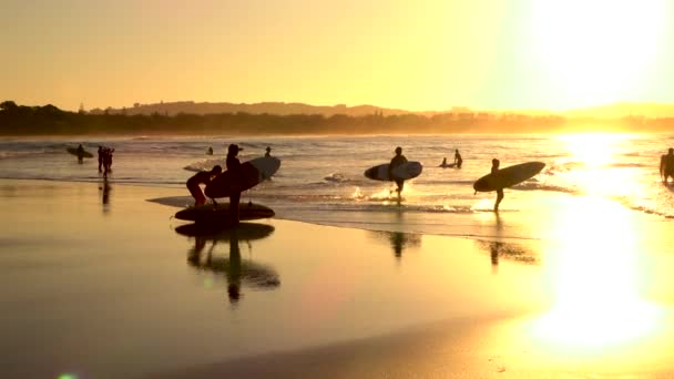 Zwolnionym tempie: Surf do poznania osób korzystających lato wieczorem surfing w ocean — Wideo stockowe