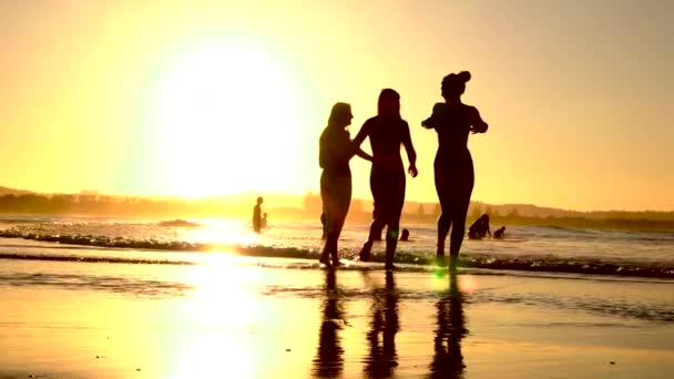 Slow Motion: Jonge meisjes vrienden genieten van de zomervakantie aan de kust — Stockvideo