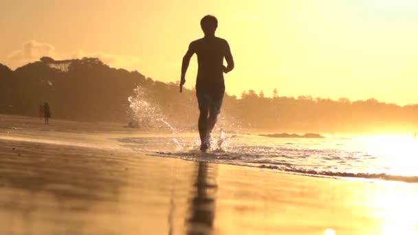 MOCIÓN LENTA: Joven deportista corriendo en aguas poco profundas en la hermosa playa de arena — Vídeos de Stock