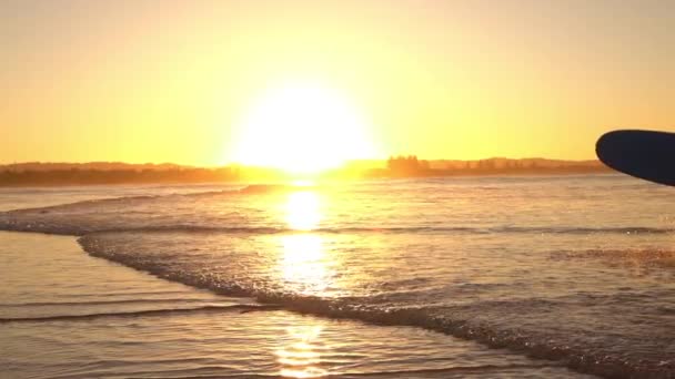 Slow Motion: Enthousiast surfer girl running out of Oceaan spatten bij zonsondergang — Stockvideo