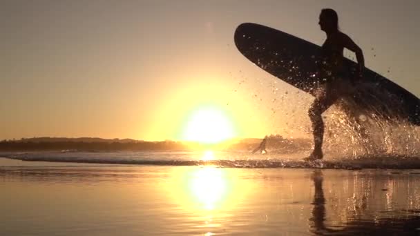 SLOW MOTION: Garota surfista sorridente correndo para fora do oceano espirrando água ao pôr do sol — Vídeo de Stock