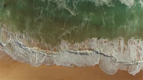 AERIAL: Pequeñas olas oceánicas lavando la orilla arenosa vacía debajo del alto acantilado rocoso — Vídeo de stock