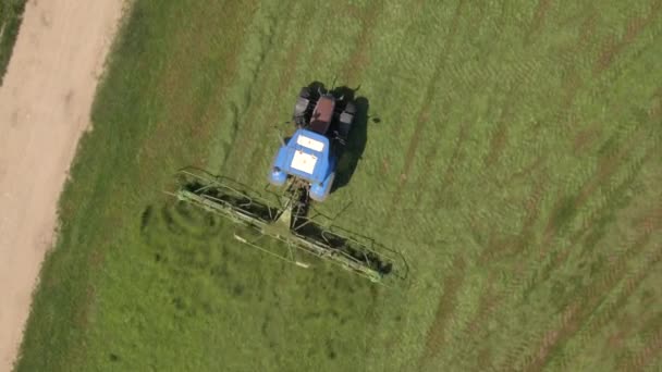 Antenne: Flug über Traktor dreht gemähtes Heu mit Zettwender auf Acker. — Stockvideo