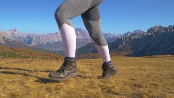 LOW ANGLE: nierozpoznana młoda kobieta biegnie na trawiaste wzgórze w butach turystycznych — Wideo stockowe