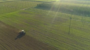 Altın güneş ışınları traktörün üzerinde parlıyor ve bir zıplama çiftliğinin yakınındaki tarlayı tarıyor.