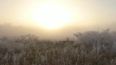 Sisli gündoğumunda, buzla kaplı kırların üzerinde uçmak..