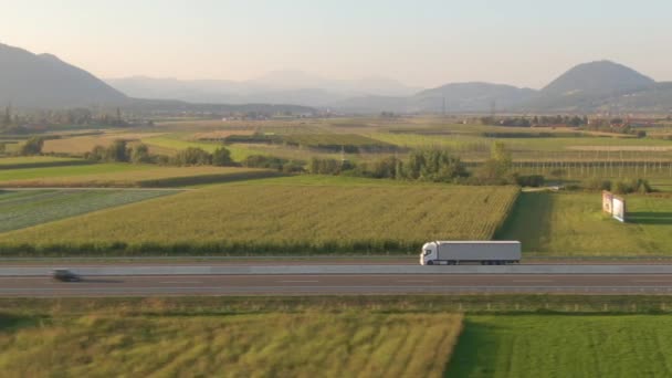 AERIAL: Volando a lo largo de un camión semirremolque blanco transportando mercancías por una carretera pintoresca. — Vídeos de Stock