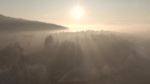 AERIAL, LENS FLARE: De zonnestralen van de winterochtend schijnen op idyllische mistige landschappen. — Stockvideo