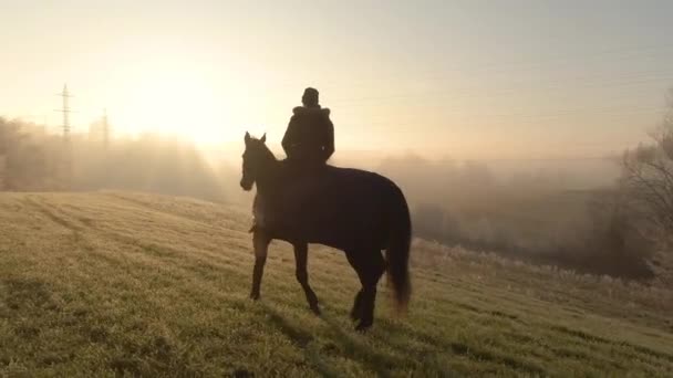 Goldene Sonnenstrahlen blicken durch Nebel, damit Reiter die Landschaft erkunden können. — Stockvideo