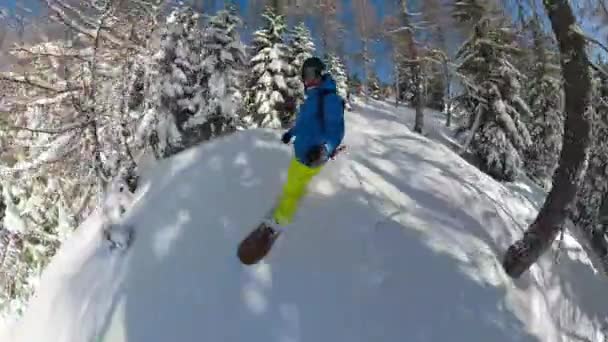 SELFIE: Snowboardista na aktivní dovolené v Julianských Alpách skartuje čerstvý sníh. — Stock video