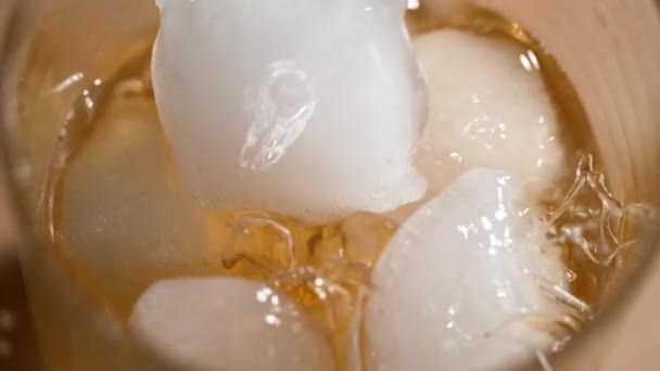 MACRO: Świeże kostki lodu są wrzucane do szklanki wypełnionej whisky i topniejącym lodem — Wideo stockowe