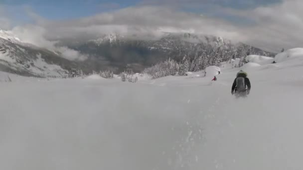 Touristen schreddern den Neuschnee beim Heli-Boarding und Skifahren in den Rocky Mountains. — Stockvideo