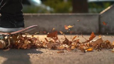 Yaklaş. Tanınmayan adam kaykayını bir yığın yaprağın arasında sürüyor.