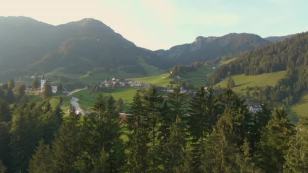 AERIAL: Szenische Drohnenaufnahmen eines saftig grünen Tals in Bohinj an einem sonnigen Abend. — Stockvideo