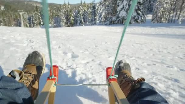 POV: Ślizganie się po śnieżnej łące w słonecznych górach Kranjskiej Góry. — Wideo stockowe
