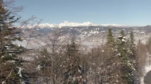 AEREO: Pittoresco drone vista di una valle coperta di nebbia nelle Alpi Giulie innevate. — Video Stock