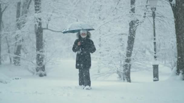 SLOW MOTION: Ung kvinna i tjock vinter rock promenader runt park under snöstorm — Stockvideo
