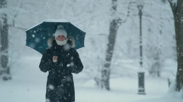 FERMER : Une femme caucasienne explore le parc idyllique le jour de Noël. — Video