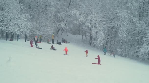 SLOW MOTION: Rodzice zabierają dzieci na sanki w śnieżny świąteczny dzień. — Wideo stockowe