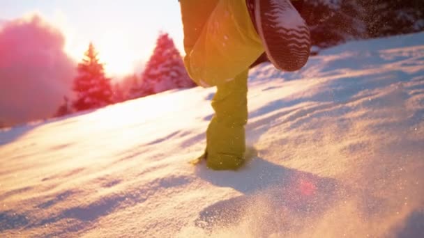 Low ANGLE:冬休みに興奮した男が輝く新鮮な雪の中を走る. — ストック動画