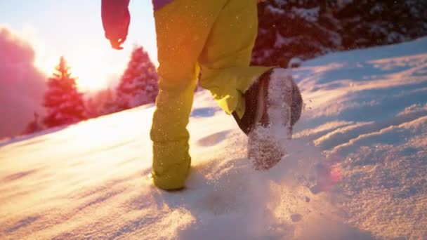 FAIBLE ANGLE : Un touriste masculin insouciant court dans la poudreuse fraîche au lever du soleil. — Video