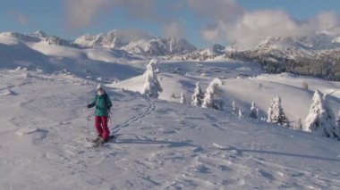 Ayrılıkçı, güneşli bir kış gününde Slovenya dağlarını keşfediyor.