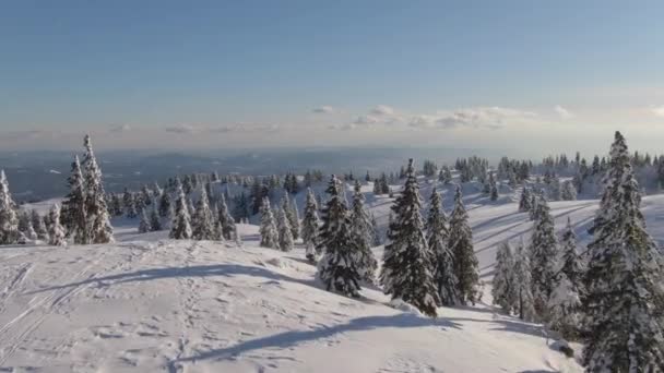 AERIAL: Idylický pohled na zasněženou horskou krajinu za slunečného dne. — Stock video