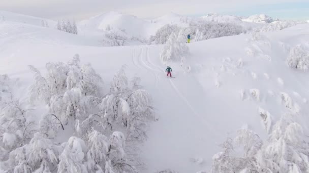 AERIAL: Volando por encima de un snowboarder descendiendo por la colina nevada en los Alpes Julianos — Vídeos de Stock