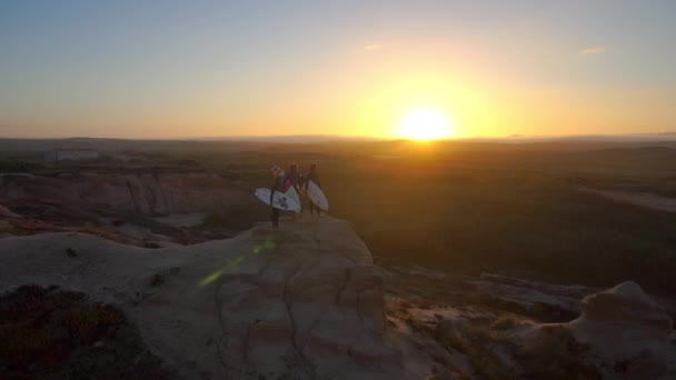 AERIAL: Gruppe junger Surfer steht auf Klippe und beobachtet Ozean bei Sonnenuntergang. — Stockvideo