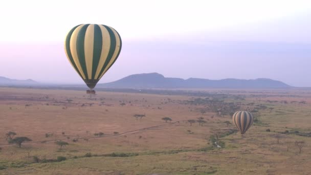 AERIAL: Heißluftballons fliegen über die malerische Savanne im grünen Tansania. — Stockvideo