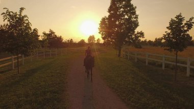 Aktif genç bir kadın güzel kısrağını boş bir çakıl yolunda sürüyor..