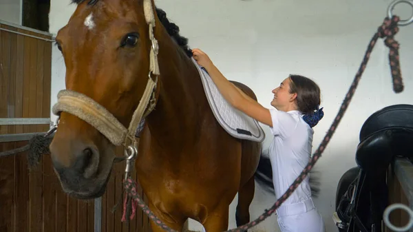 ZAMKNIJ: Uśmiechnięta dziewczyna osiodłająca konia przed zawodami ujeżdżeniowymi. — Zdjęcie stockowe