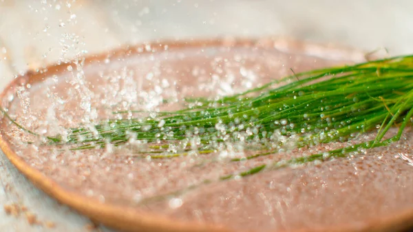 MACRO: I lunghi fusti di erba cipollina cadono in un piatto marrone poco profondo pieno di acqua fredda. — Foto Stock