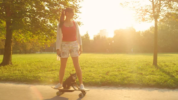 LENS FLARE: Smiling sporty woman cruises through the sunny park with her puppy. — Foto de Stock