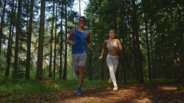 LOW ANGLE: Fit couple exploring the peaceful forest during a relaxing jog.