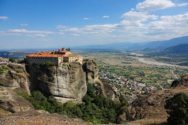 AERIAL: Old Catholic monastery in Greece overlooks the beautiful countryside.
