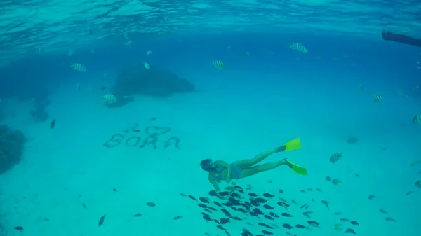 UNDERWATER: Woman on vacation on paradise island swimming with exotic fish. — Foto Stock