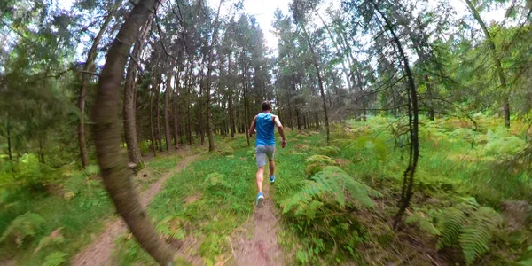 VR 360: Felismerhetetlen fiatal férfi futó kocog a festői erdei ösvényen. — Stock Fotó