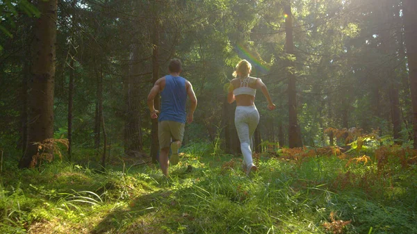 SUN FLARE: fényes nyári napsugarak ragyog a sportos pár futó az erdőben. — Stock Fotó