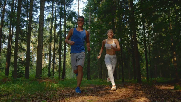 LOW ANGLE: Fit couple exploring the peaceful forest during a relaxing jog.