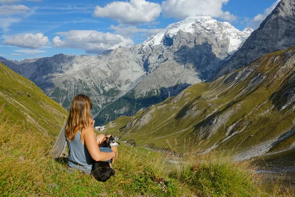 CLOSE UP: Young woman petting cute dog while observing the snowy mountains. — Foto Stock